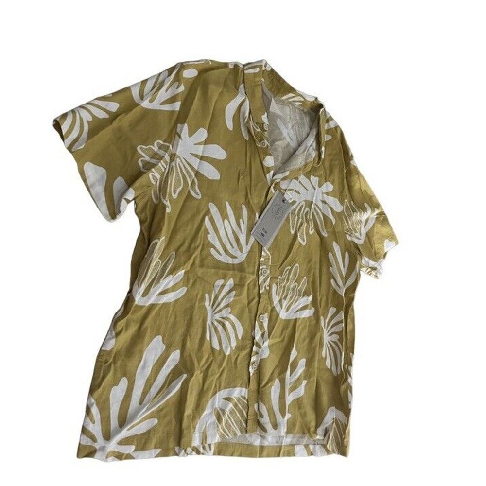 FOLK CLOTHING LINEN BLEND EMBROIDERED Gold SHORT SLEEVE SHIRT SIZE Medium NWT